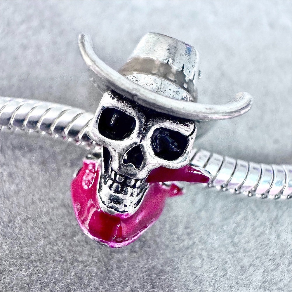 Pandora Silver Skull Charm with Pink Accent